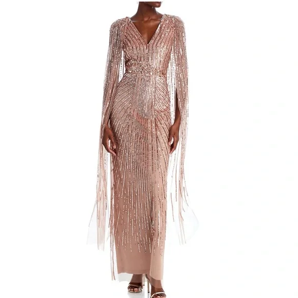 Adrianna Papell | Dresses | Adrianna Papell Beaded Cape Gown Size 6 Rose  Gold | Poshmark